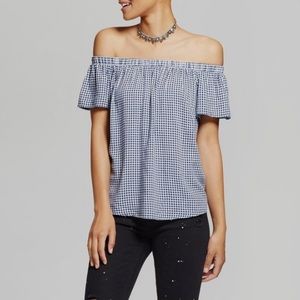 Off the shoulder plaid blue and white top